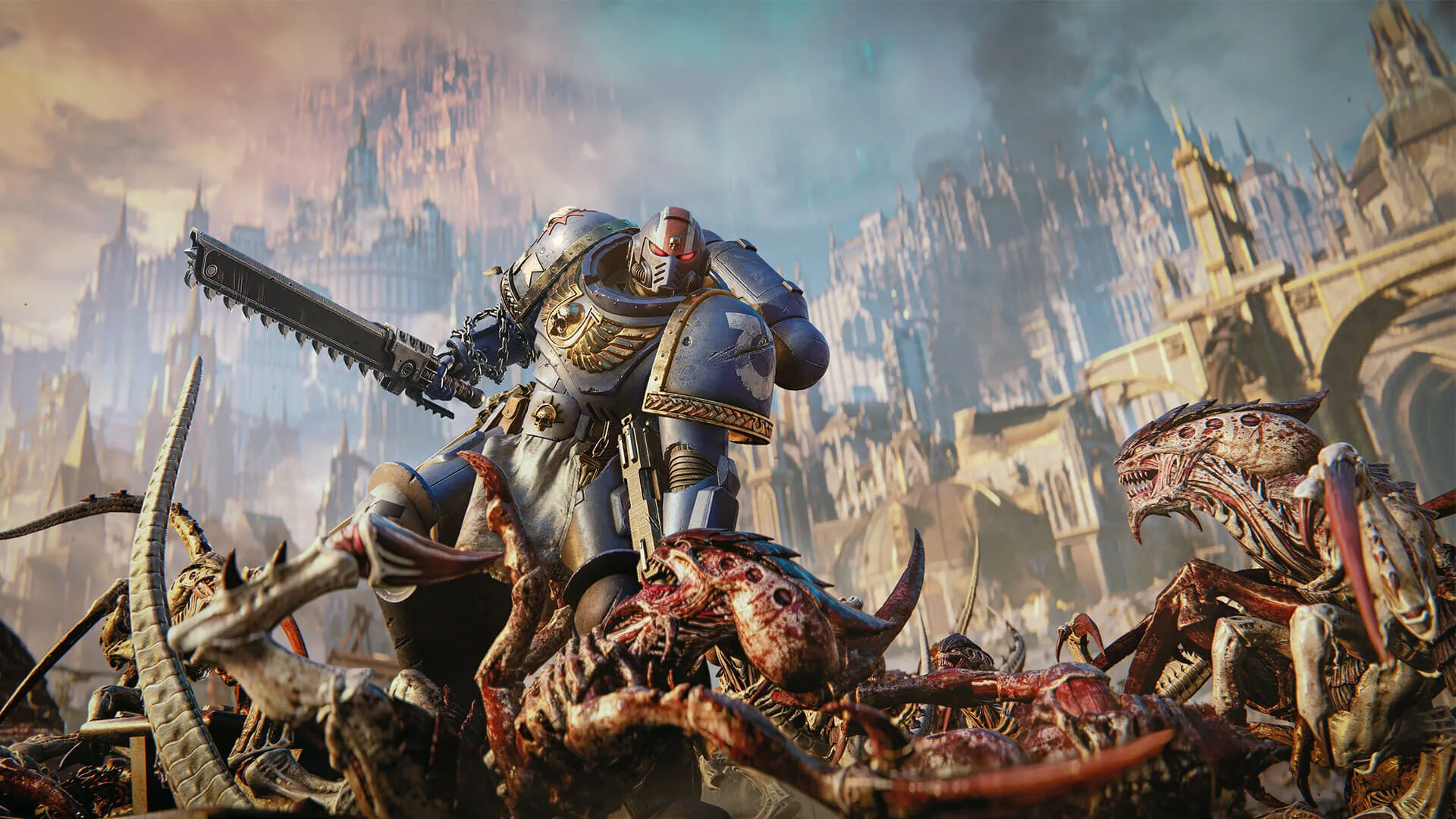 A Space Marine stands atop a pile of monster corpses