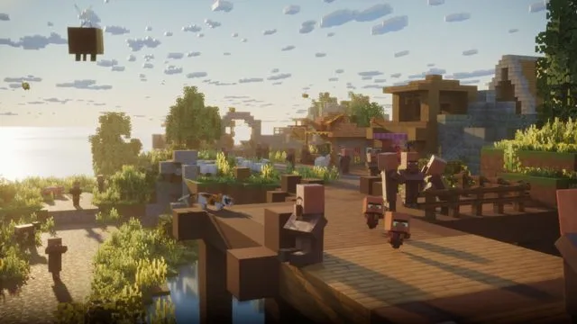 Minecraft Dungeons village with villagers and a cliffside view.