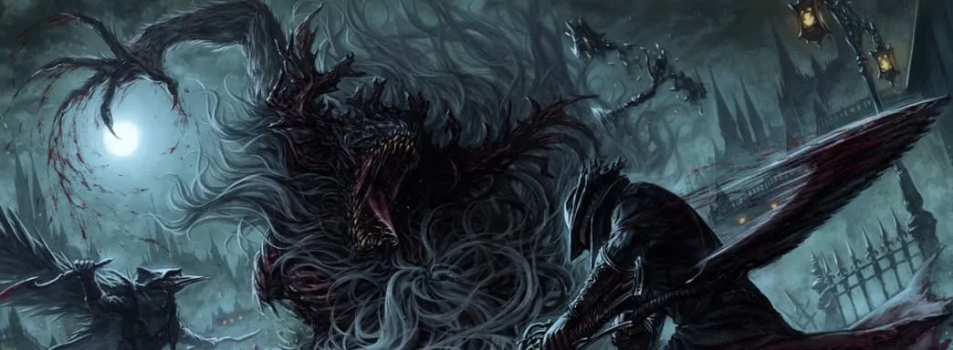 Bloodborne: A hunter confronts a terrifying beast in a gothic cityscape.