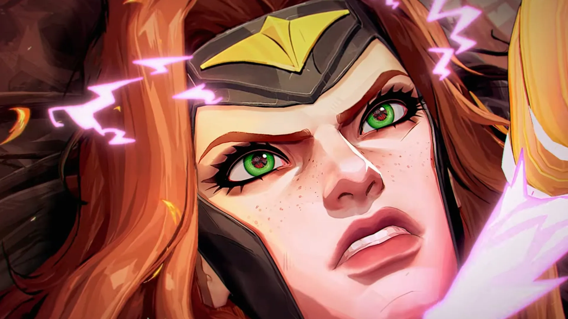 Marvel Rivals Season 3: Phoenix gritting her teeth as she's pinned to the ground by Hela, who's out of frame.