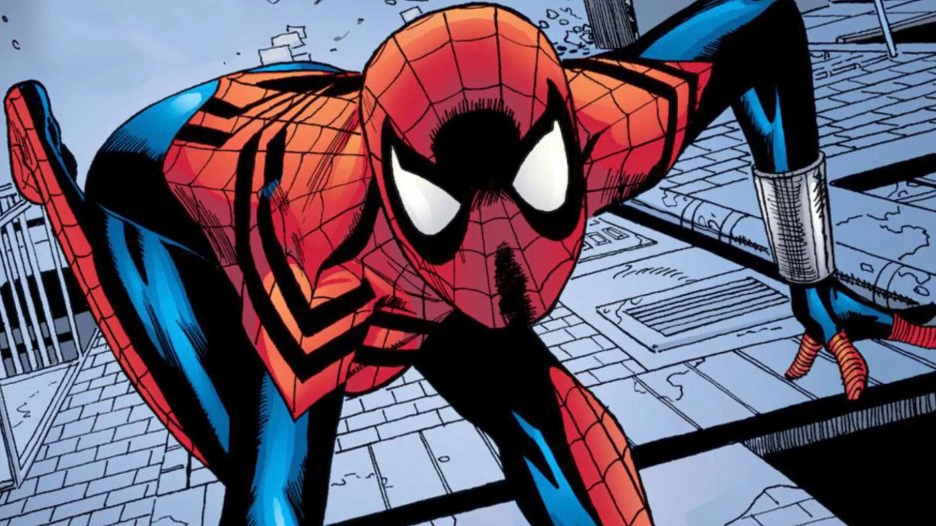 Spider-Girl running up a building in New York City
