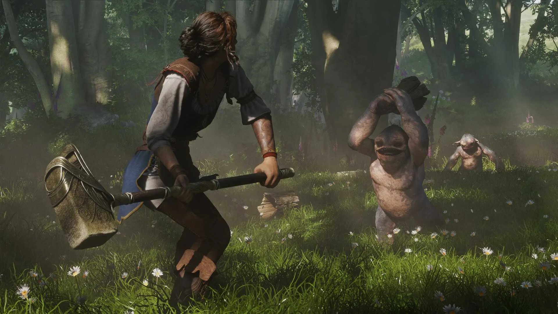 Fable gameplay screenshot. Character with hammer vs. troll.