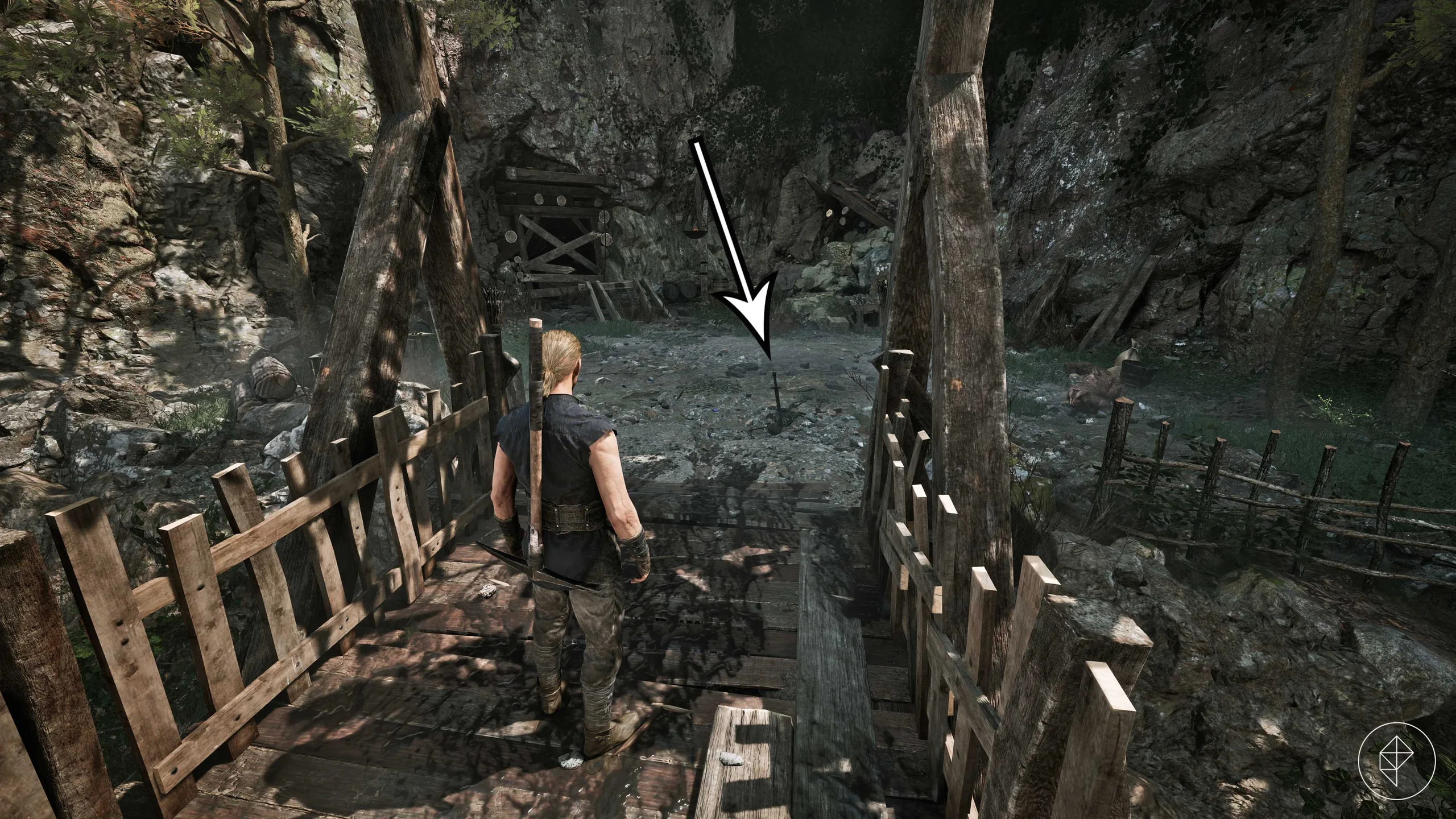 An arrow points to a rusty sword in Gothic 1 Remake.