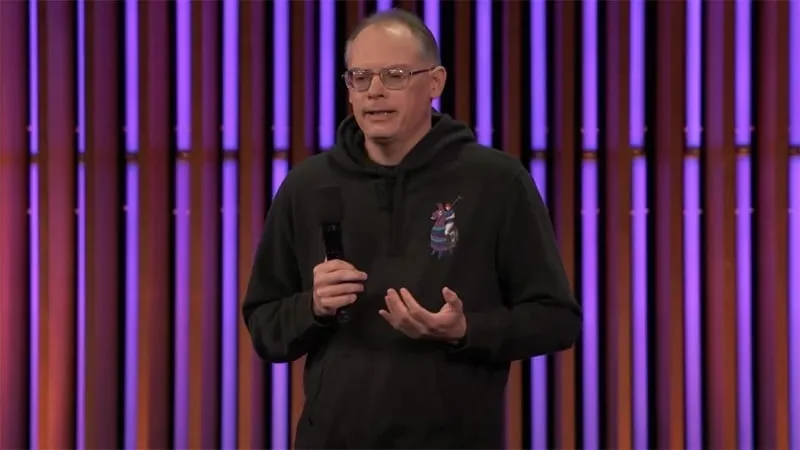 Tim Sweeney appears on stage during an Unreal Fest event.