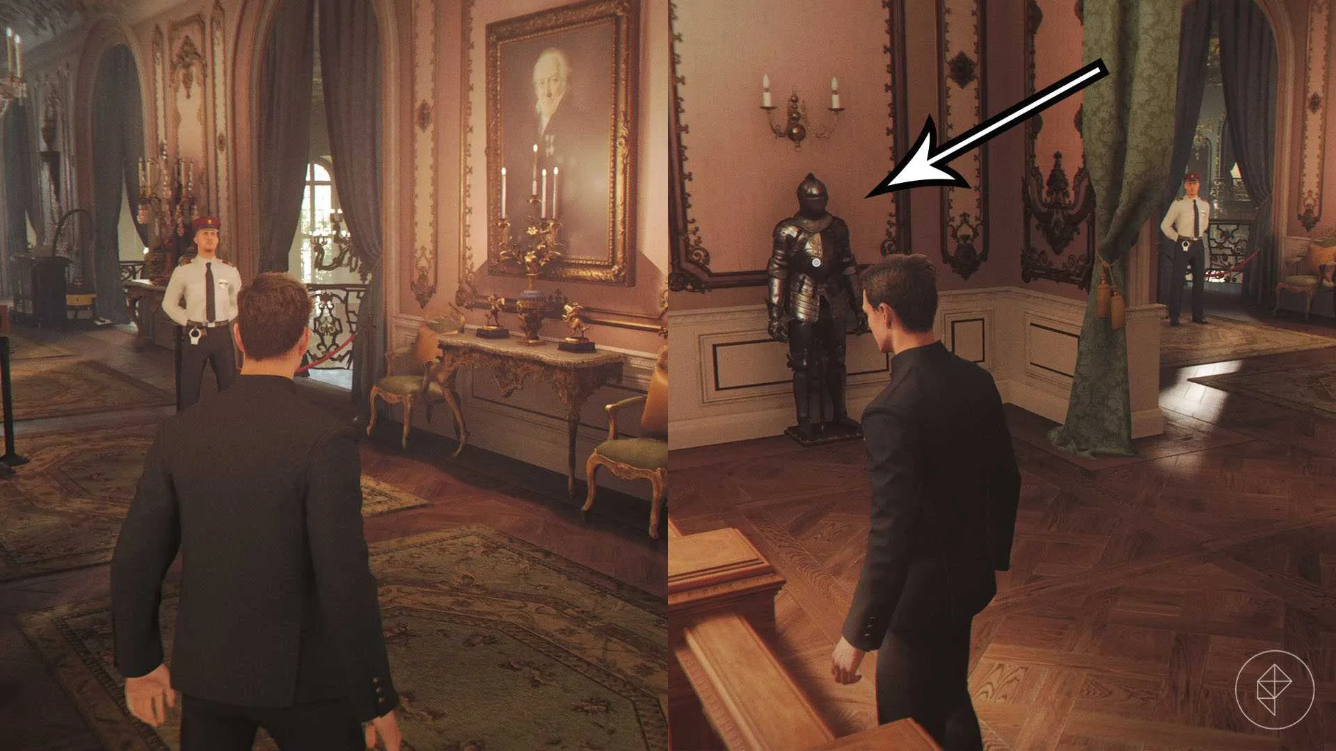 A montage of two 007 First Light screenshots showing a guard and an armor set near the room 207