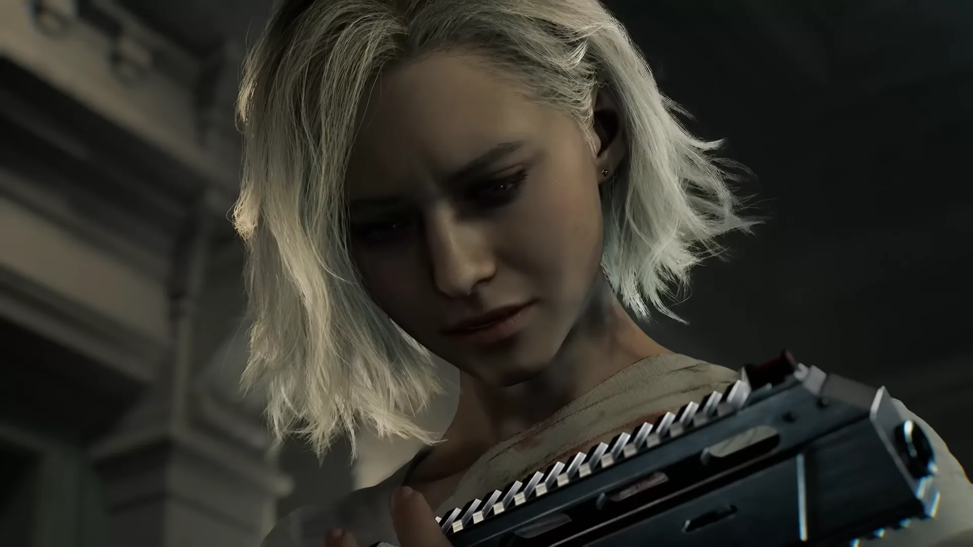 Resident Evil Requiem character with a gun.