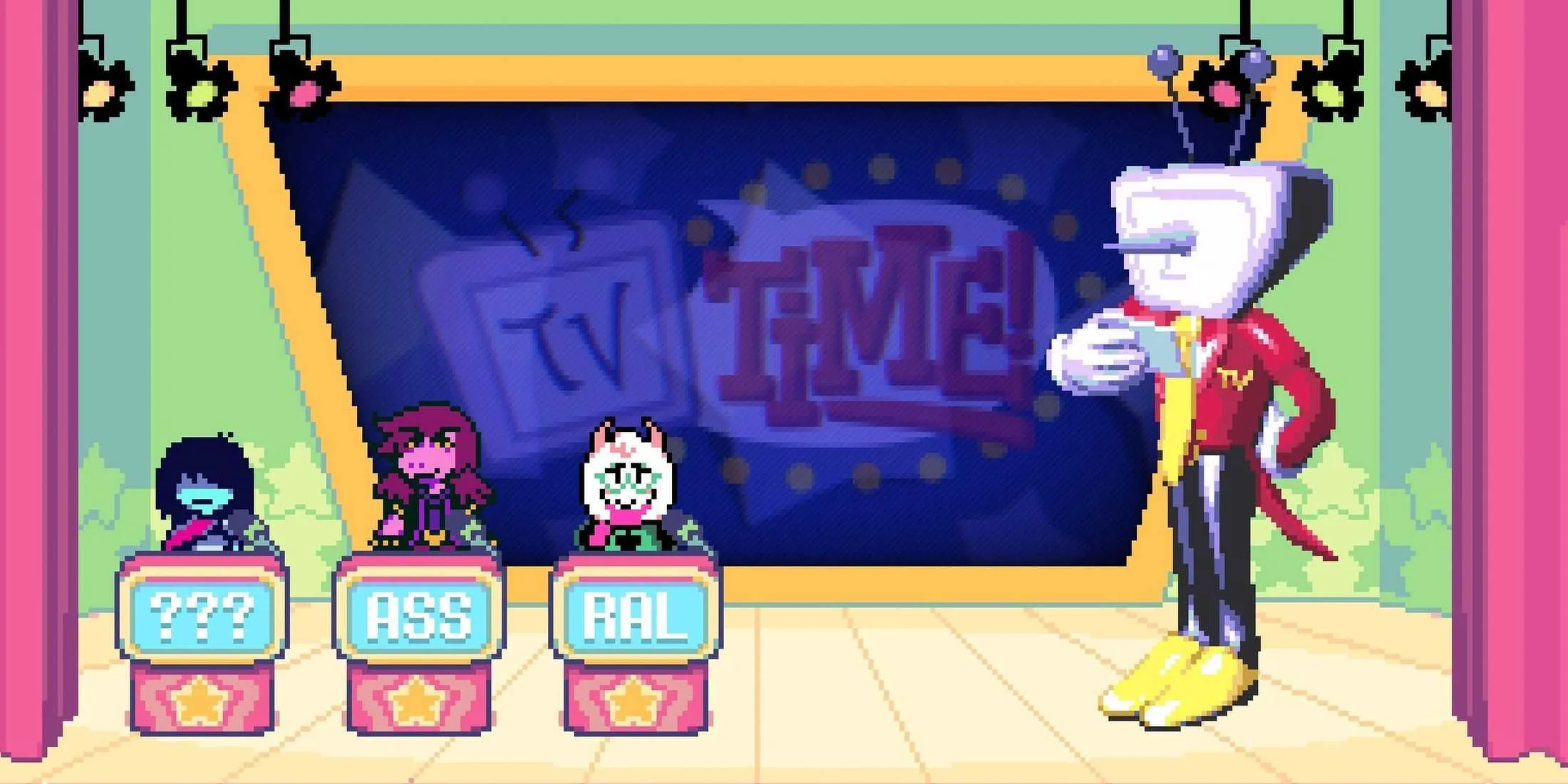 Tenna presents a question to the Fun Gang - Deltarune