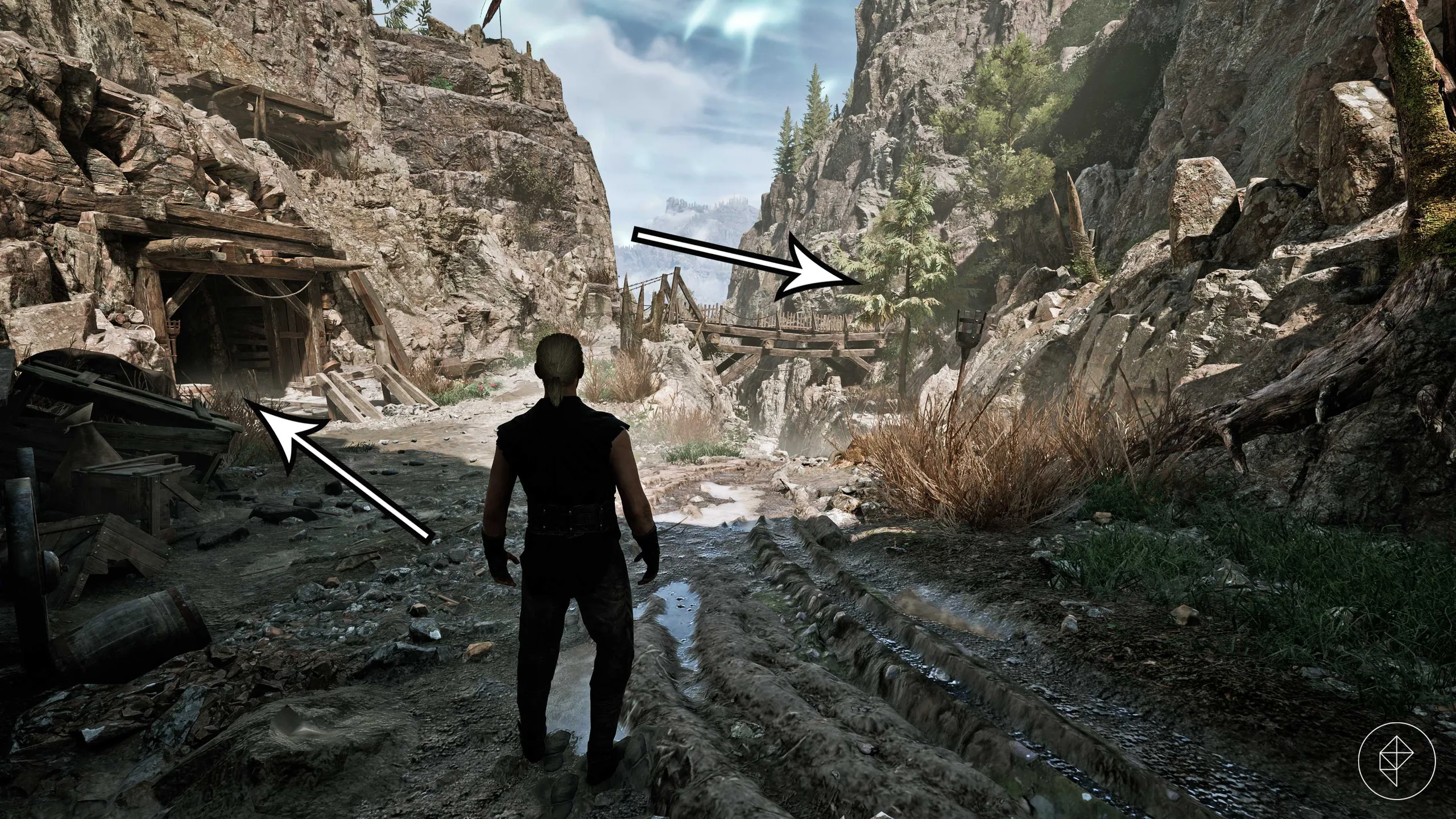 Arrows point to the first weapon locations in Gothic 1 Remake.