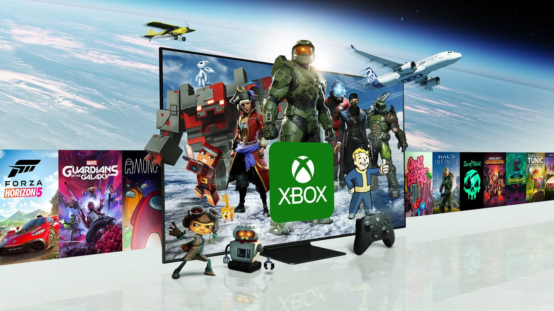 Xbox Game Pass promotional art featuring Master Chief, Vault Boy, and other iconic game characters.