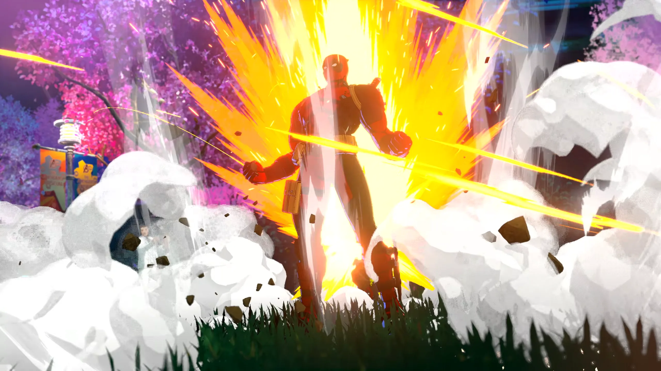 Deadpool surrounded in a burst of energy that looks like its from Dragon Ball.