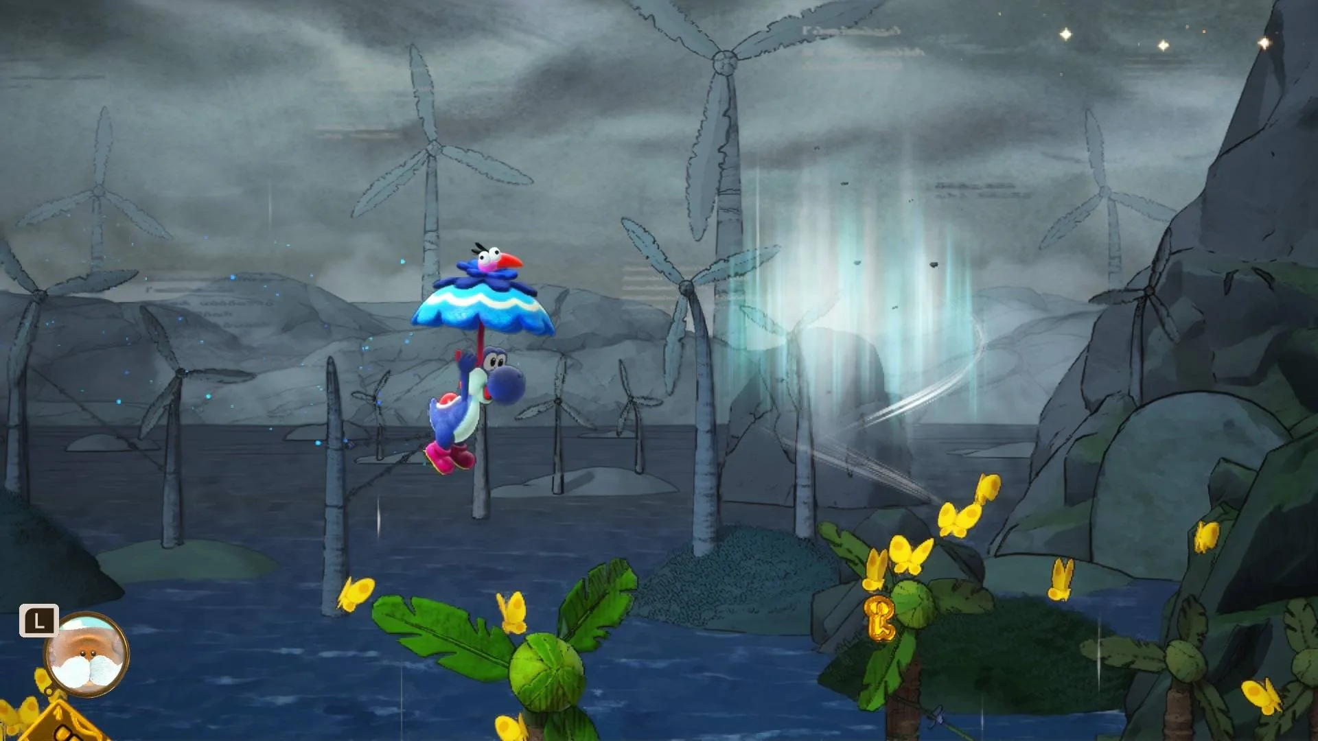 Yoshi using an umbrella bird in 'Yoshi and the Mysterious Book'.