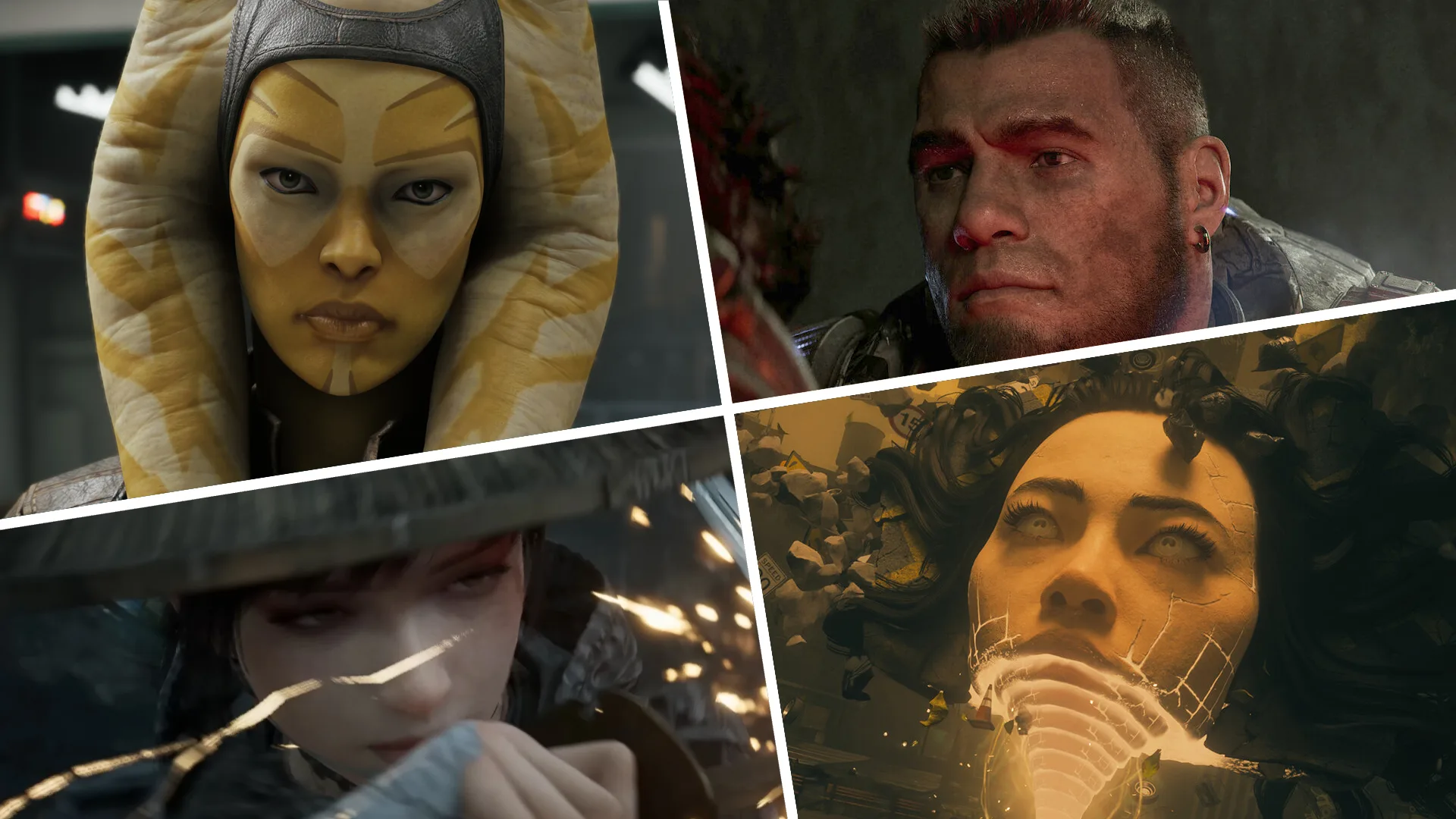A collage of images from Star Wars Zero Company, Gears of War: E-Day, Beast of Reincarnation, and Control Resonant.