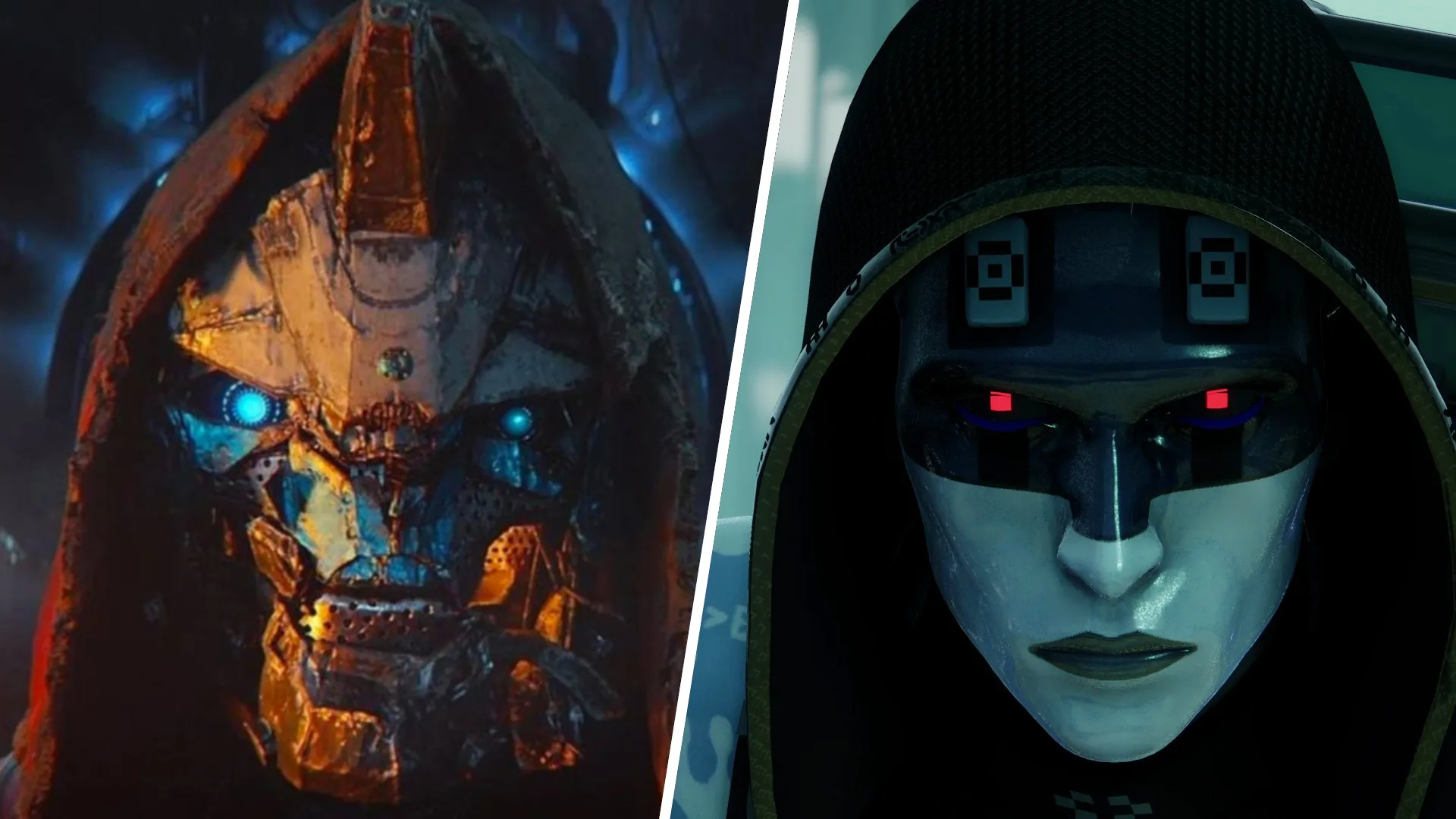 A vertically split image, with an injured Cayde-6 from Destiny 2 on the left, and the Assassin from Marathon on the right, both looking directly ahead.