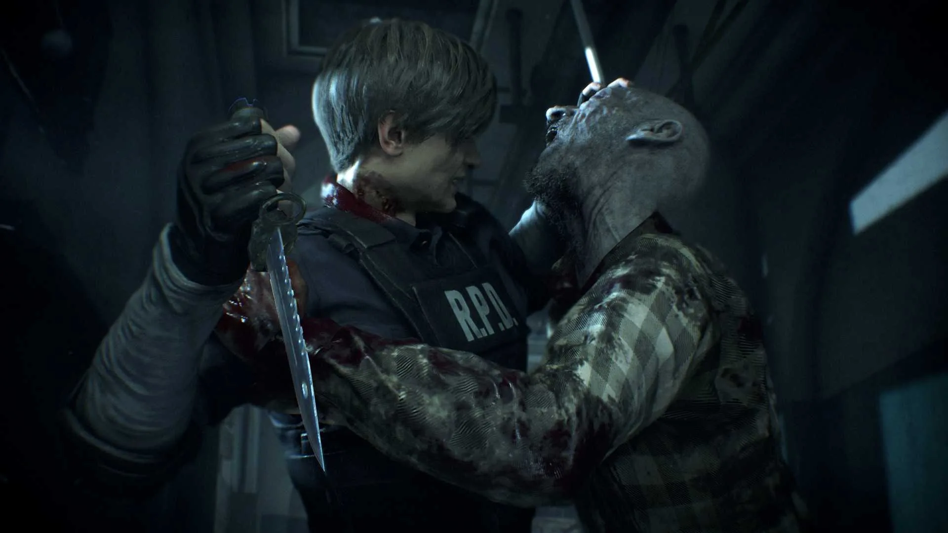 Leon with a knife, struggling against a zombie.