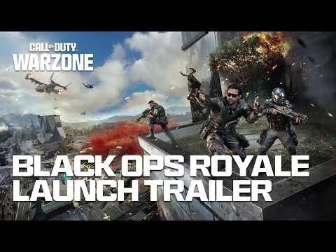 Black Ops Royale Launch Trailer for Call of Duty: Warzone. Action-packed scene with characters and explosions.