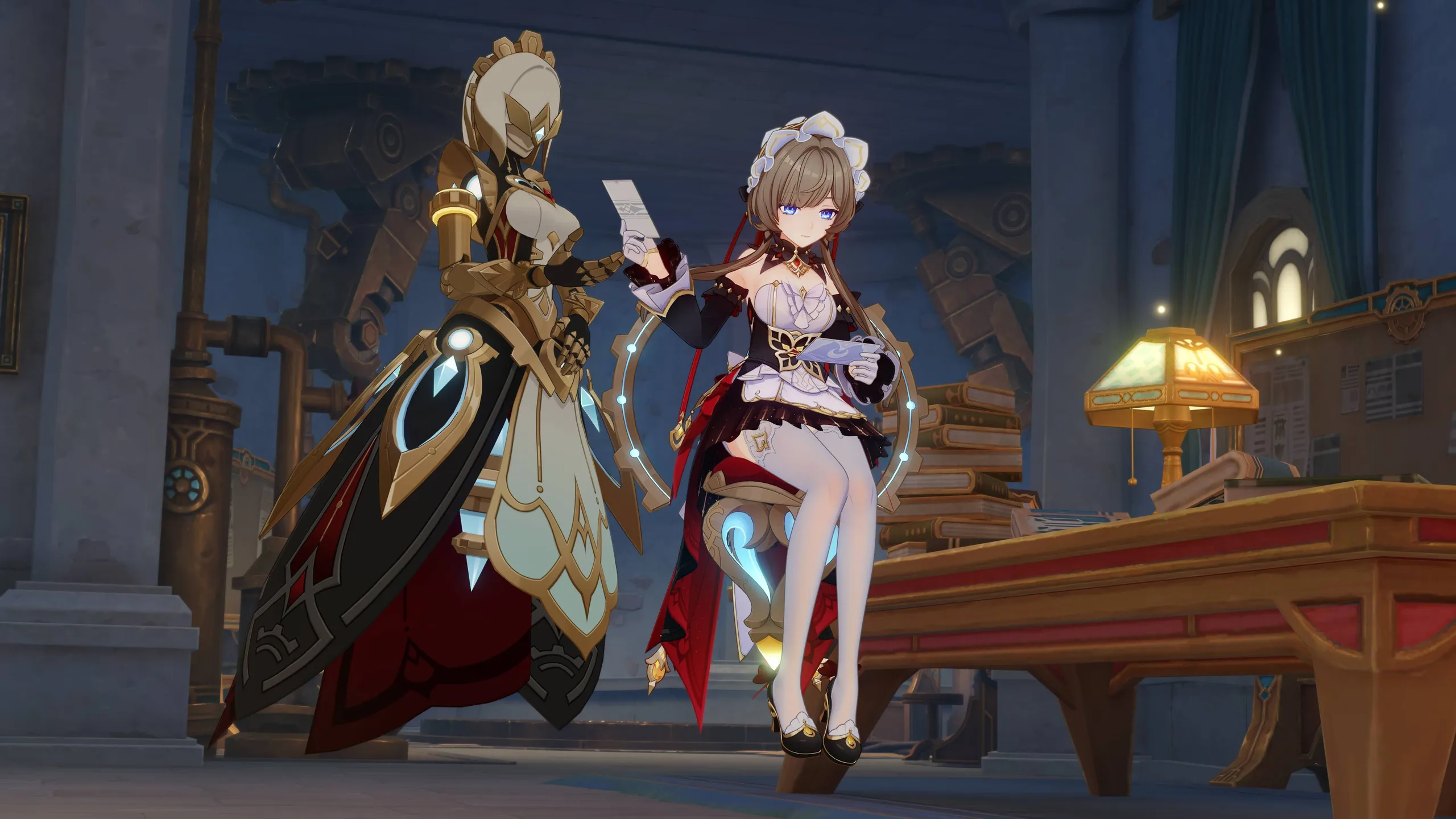 Sandrone, a girl in a maid-like outfit, with a drone that looks like a woman, in Genshin Impact