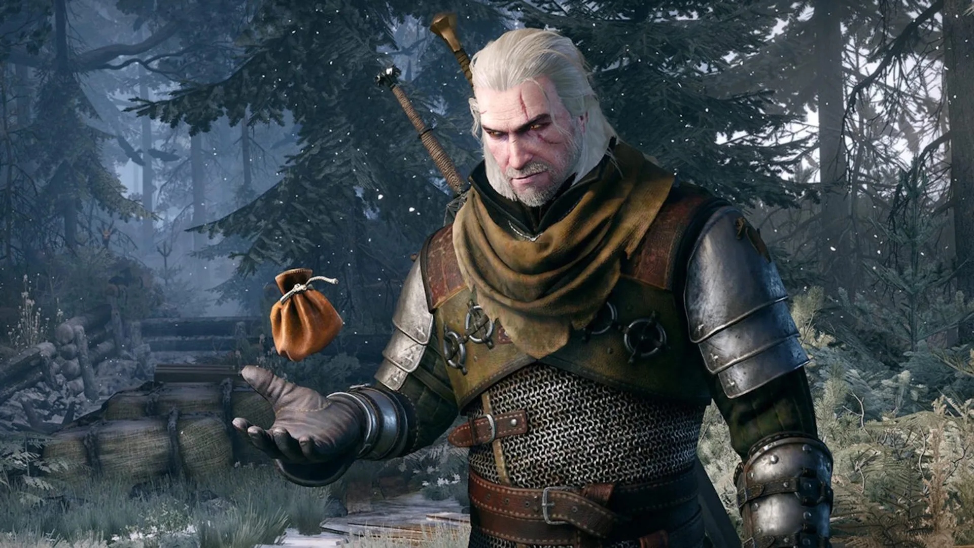 Geralt hefting a little pouch of coin