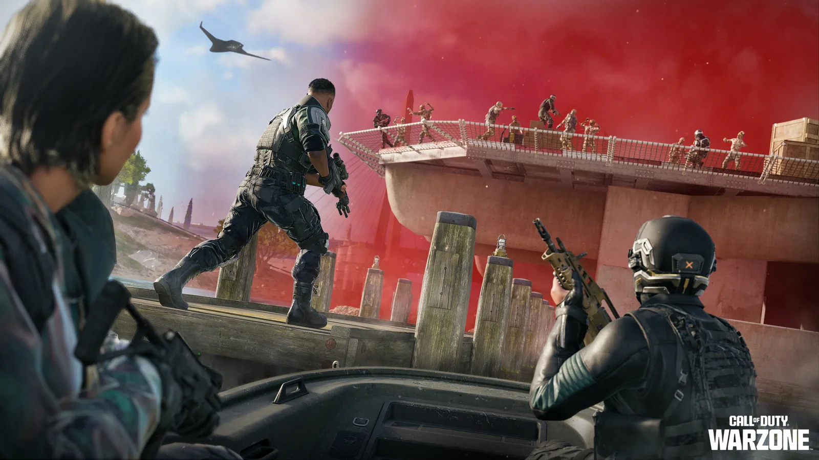 Call of Duty: Warzone - Black Ops Royale gameplay. Players engage in battle on a red-skied map.