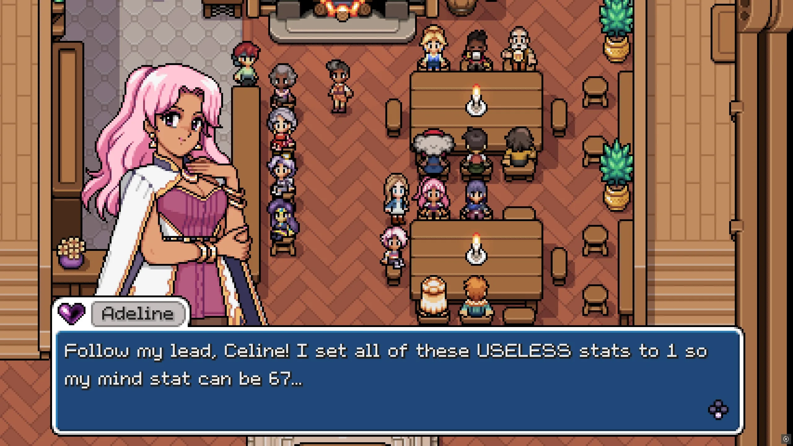 Fields of Mistria - Adeline says she set all the useless stats to 1 in Dragons & Drama