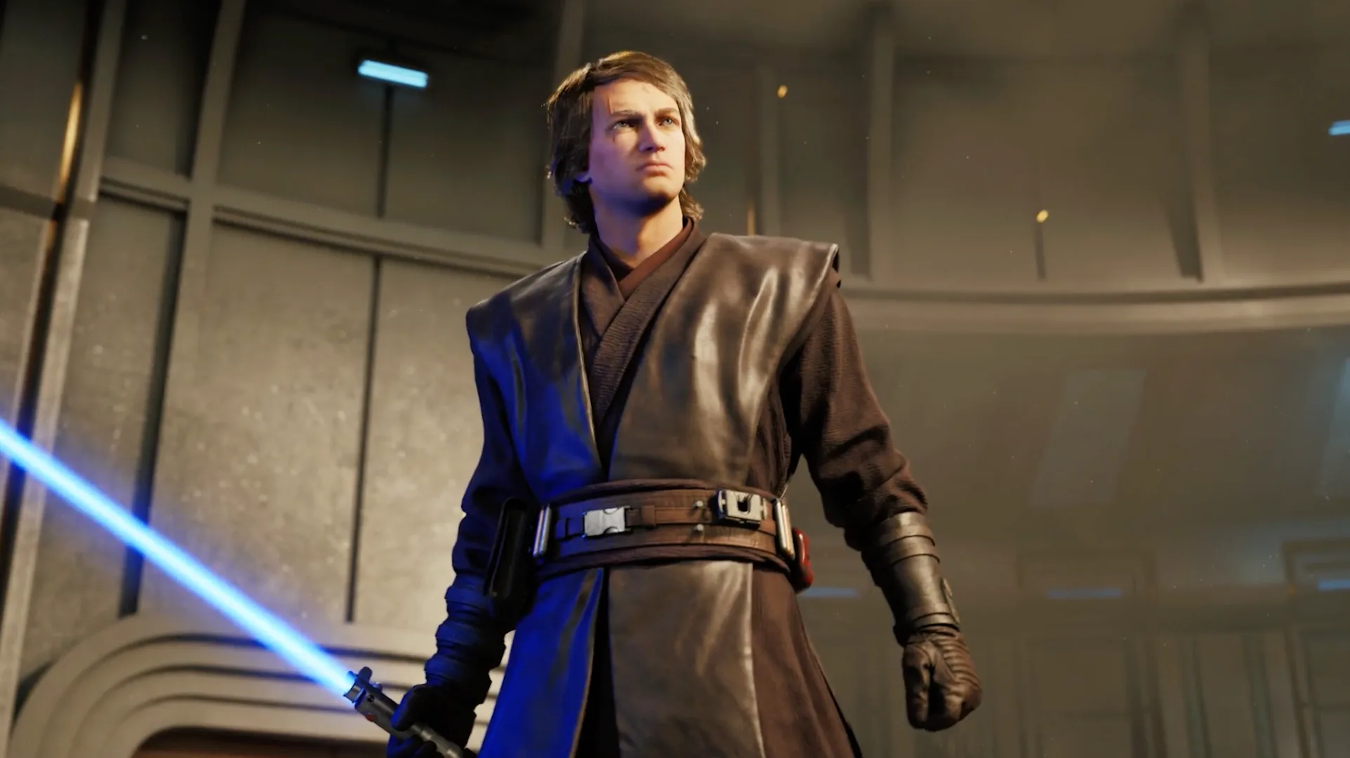 Anakin ignites a blue lightsaber in Star Wars Zero Company