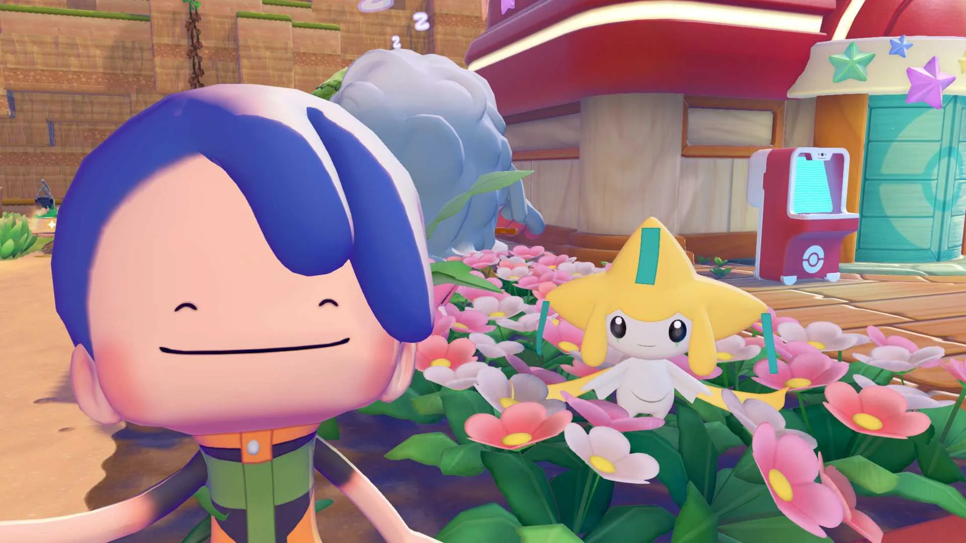 A Ditto posing near Jirachi in Pokopia