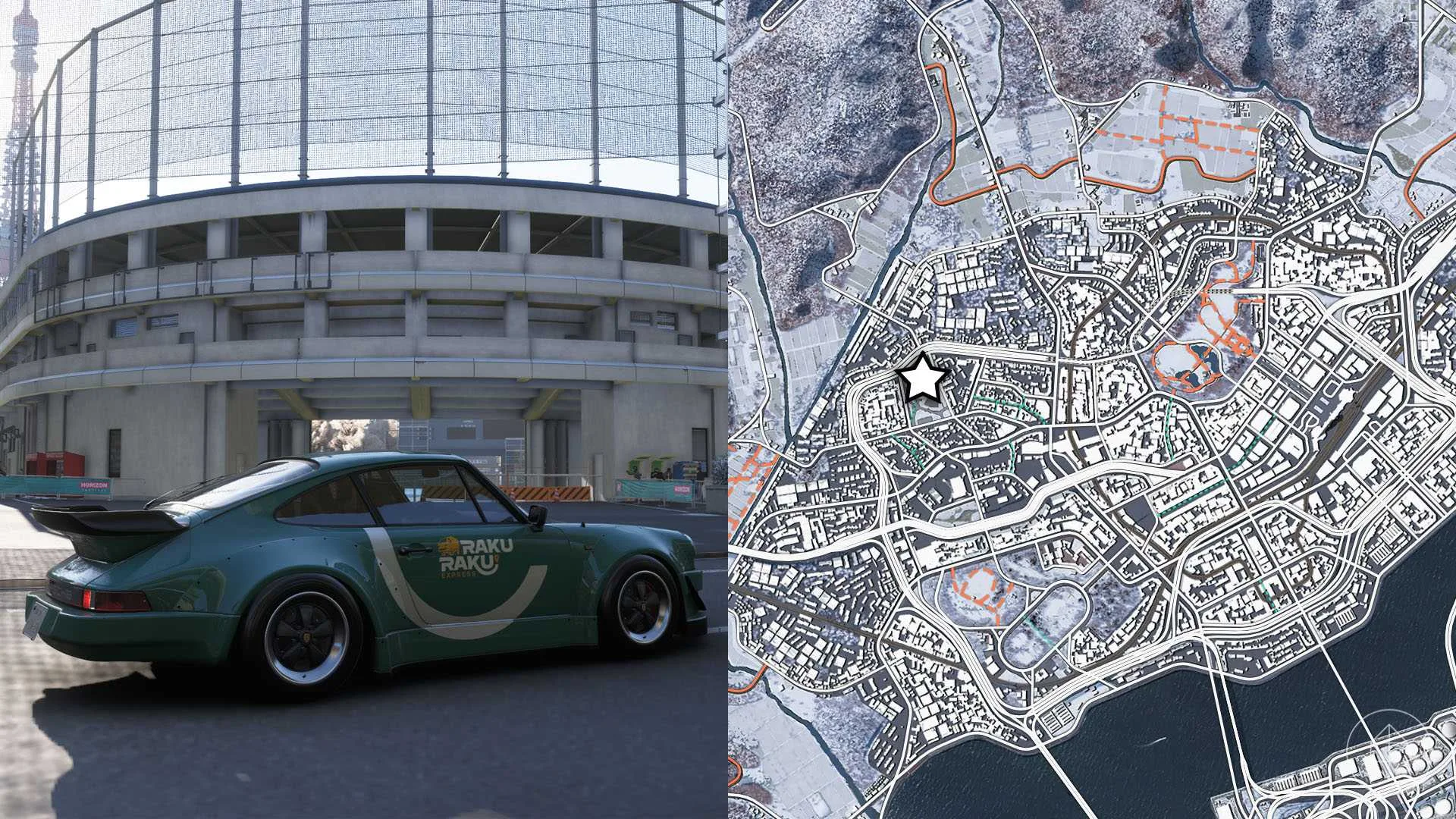 A blue-green Porsche parked outside of a baseball stadium in Forza Horizon 6.