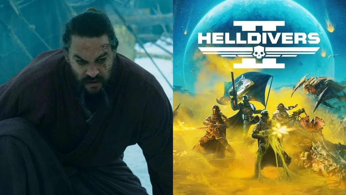 Jason Momoa and Helldivers 2 cover art.