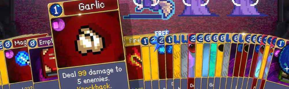 Vampire Crawlers card deck interface, featuring the 'Garlic' card.