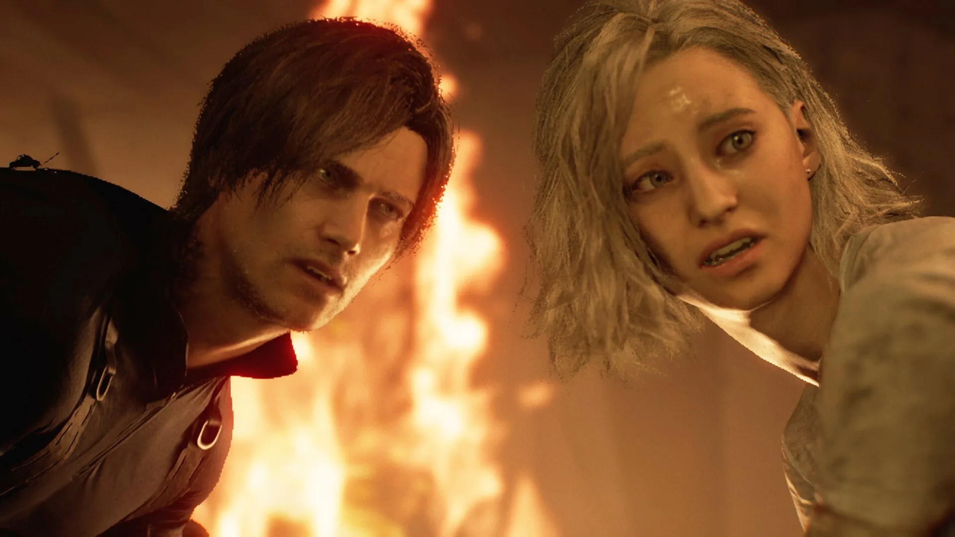 Leon and Grace look down at flames in Resident Evil Requiem.