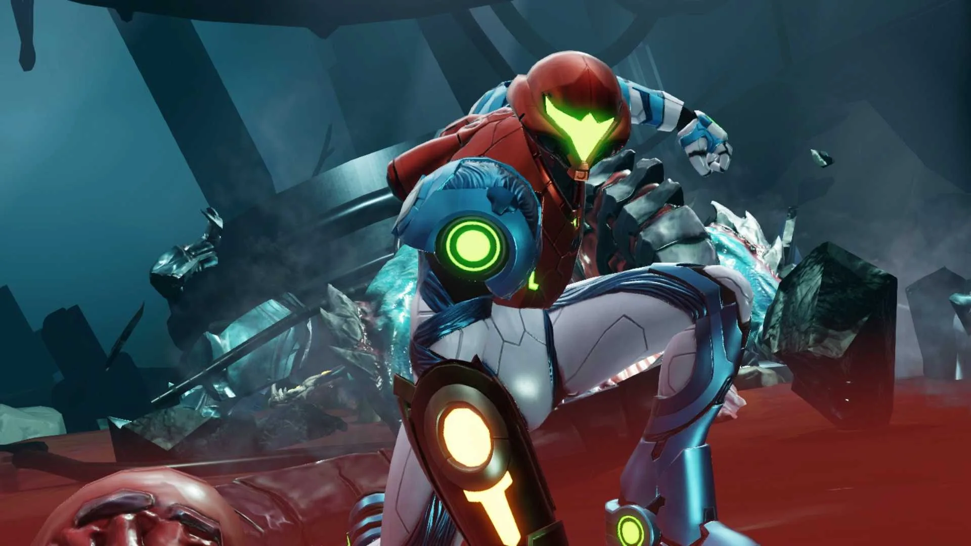 Samus Aran does a three-point hero landing pose in Metroid Dread