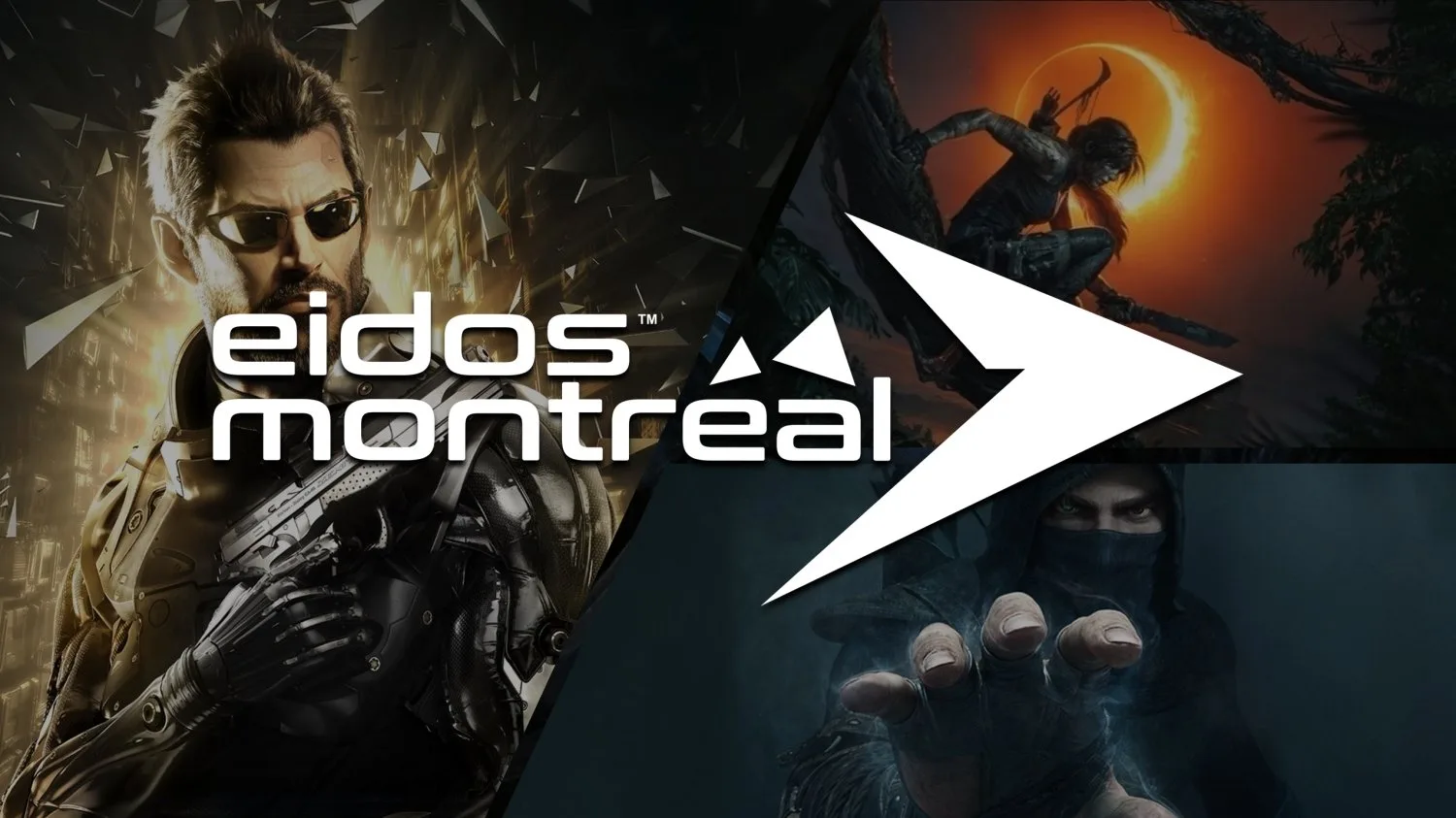 Eidos Montreal logo with characters from Deus Ex, Tomb Raider, and Thief.