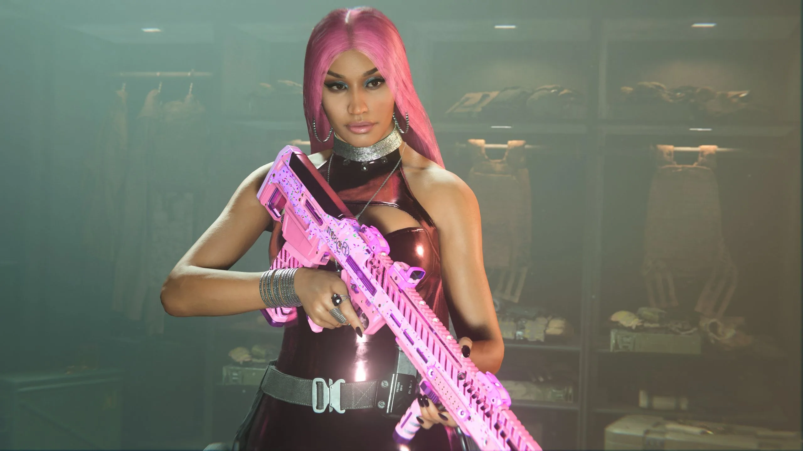 Nicki Minaj skin in Call of Duty, holding a pink weapon.