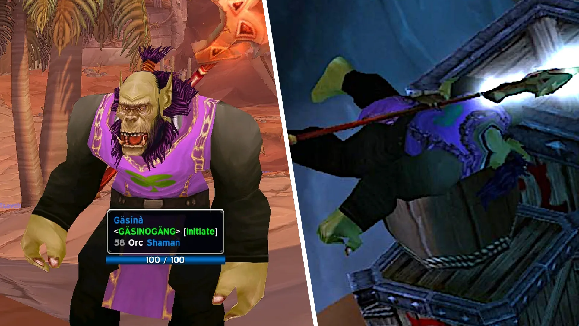A split image of a casino bot proudly standing in Orgrimmar on the left, with a dead casino bot on the right.
