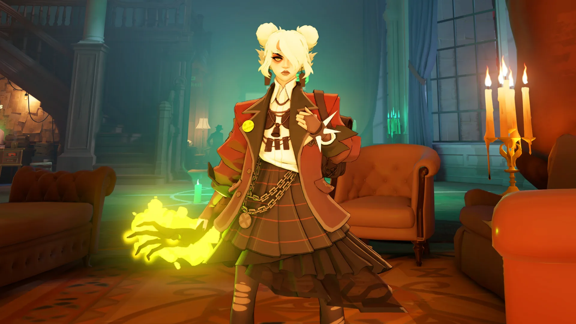 A screenshot of Deadlock character Graves. A young girl in a private school outfit holds a glowing zombie hand while standing in a posh lounge area.