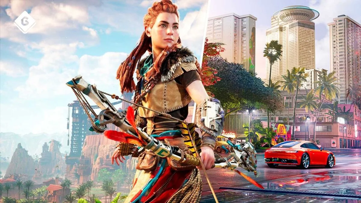 Aloy from Horizon Zero Dawn in a split image with a modern city.
