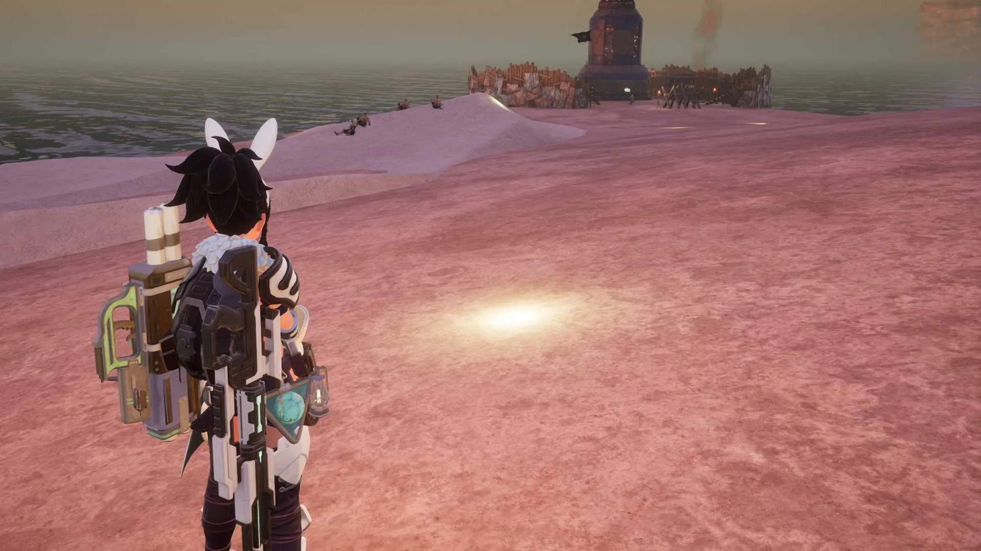 A Palworld character approaches glowing sand spots on the ground