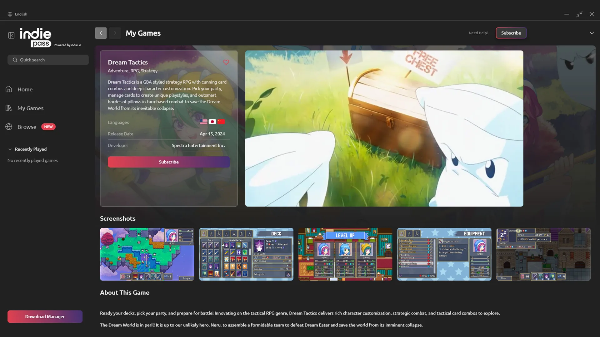 Indie Pass launcher interface showing the game Dream Tactics.