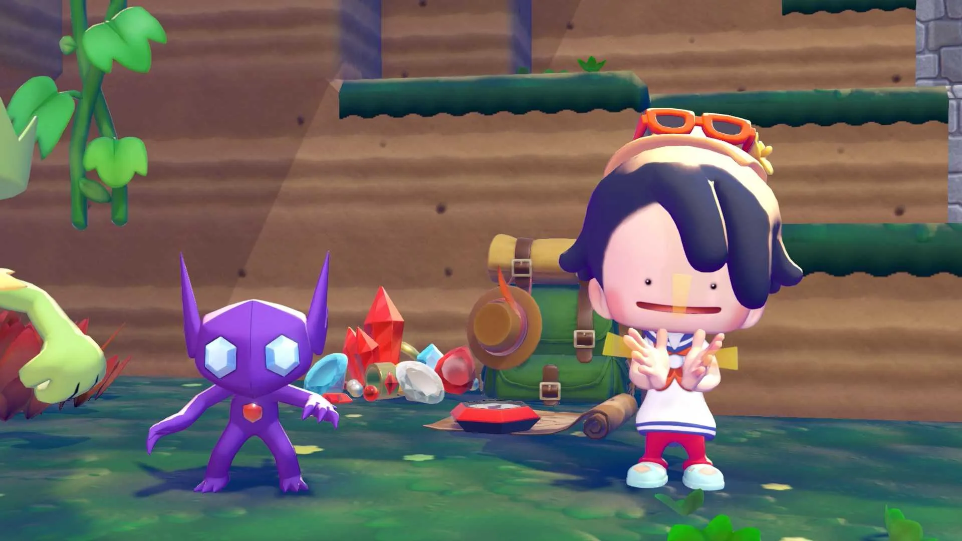 A Ditto claps with a Sableye near a habitat for the Sableye in Pokopia