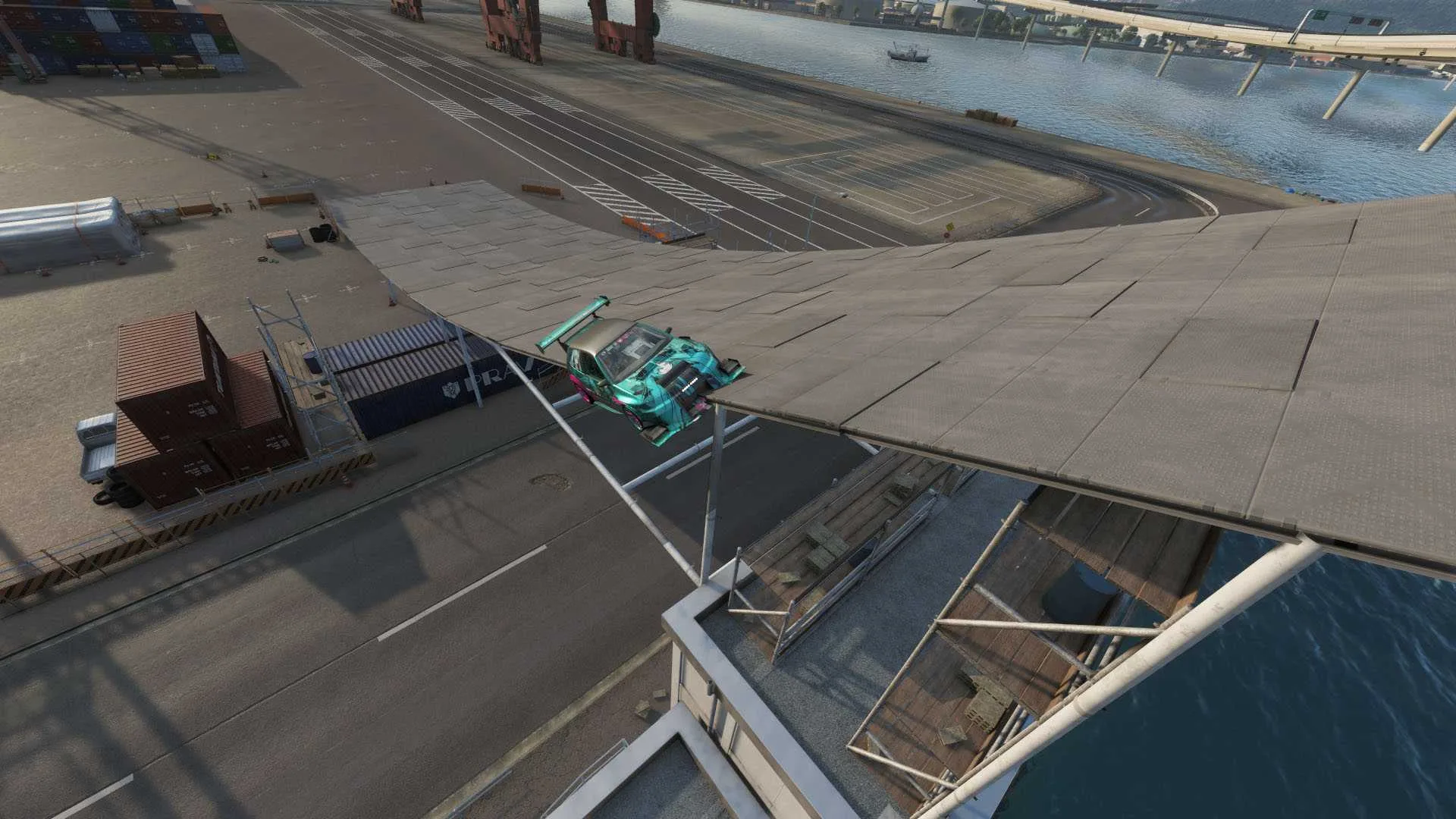 A Forza Horizon 6 screenshot showing a car with only half of it on a ramp