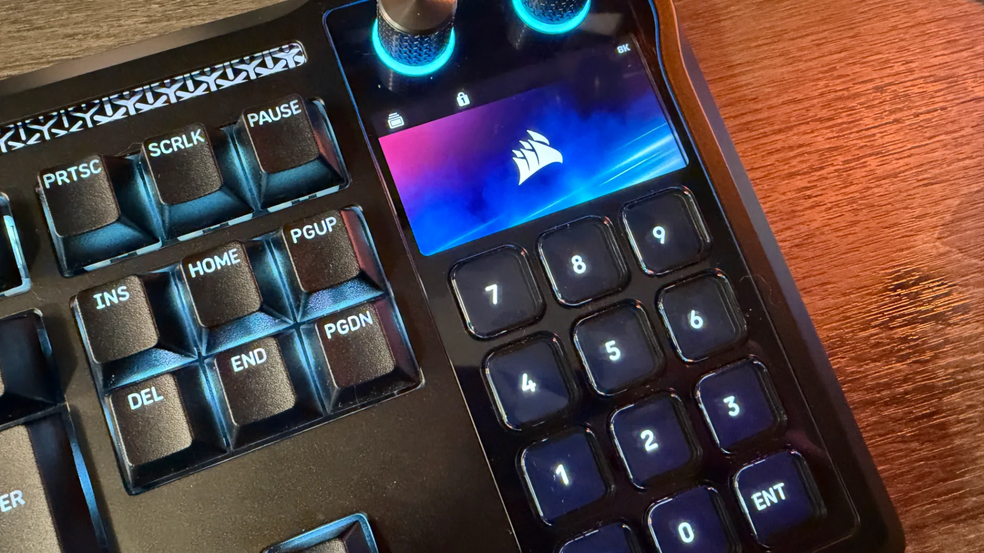 Corsair Galleon 100 SD keyboard on wooden desk