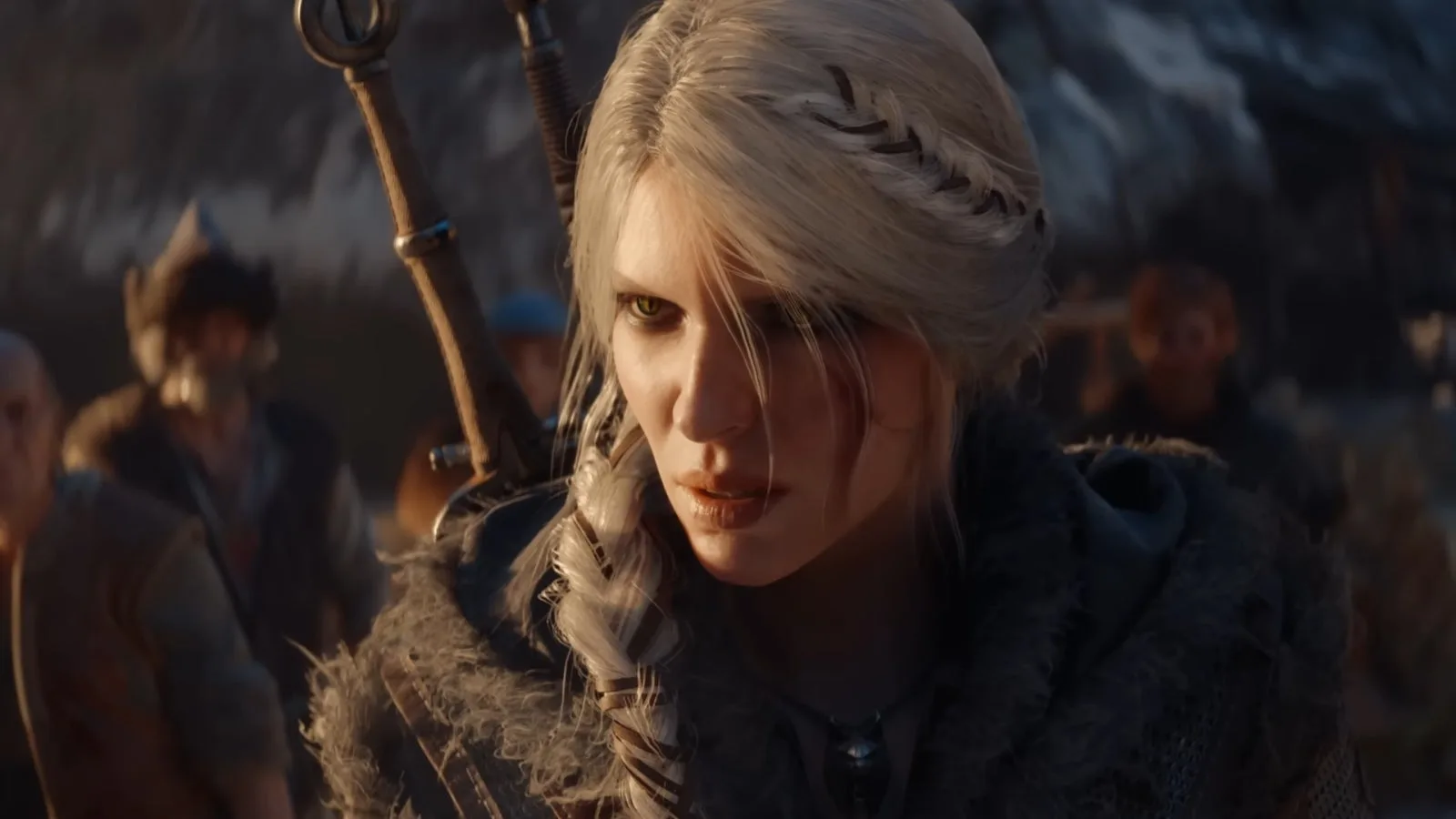 Close up of Ciri from The Witcher 4 cinematic trailer, female magical warrior with long silver hair