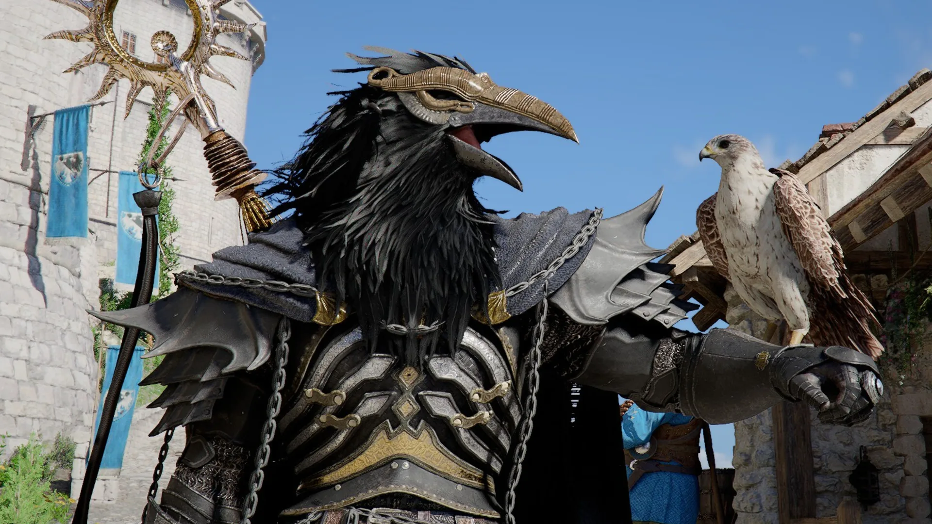 Bird-themed armor and a falcon in Crimson Desert.