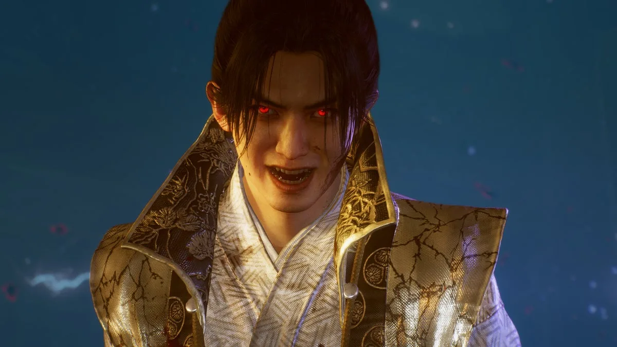 Menacing character from Nioh 3 with glowing red eyes.