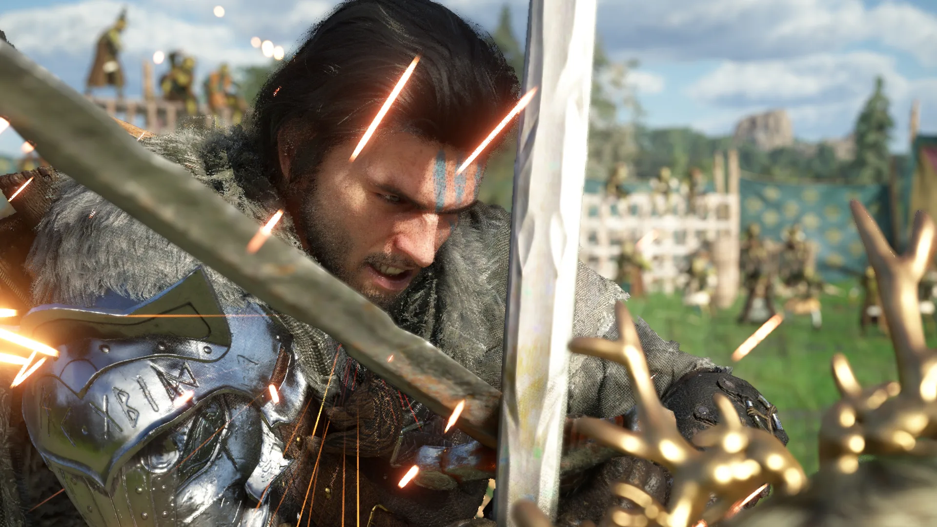 Action shot from Crimson Desert: Kliff in combat, clashing swords with an enemy.