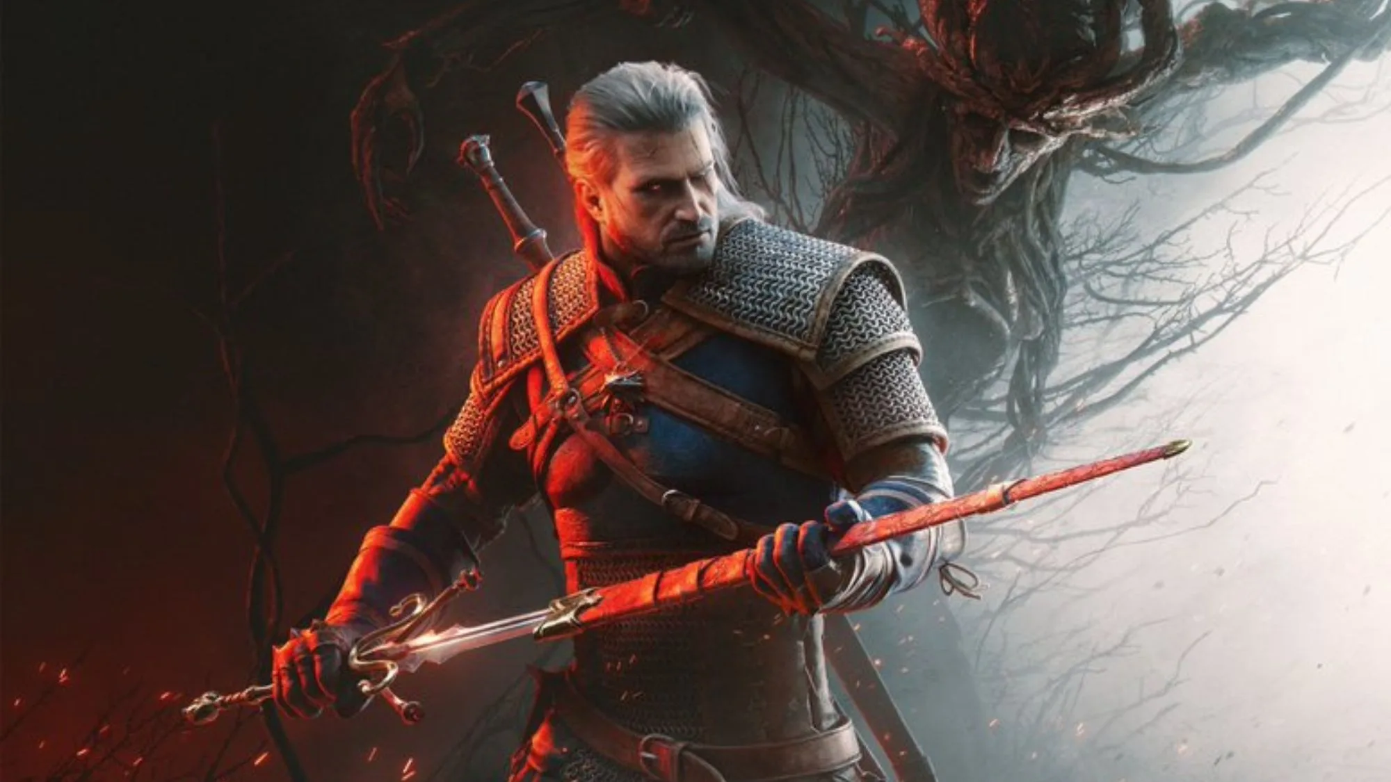 Geralt of Rivia holding his sword in The Witcher 3. Expansion delayed to 2027.