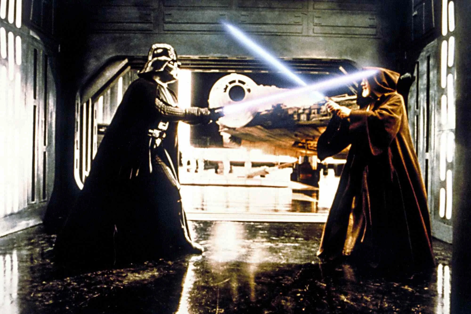 Iconic lightsaber duel from Star Wars: A New Hope.