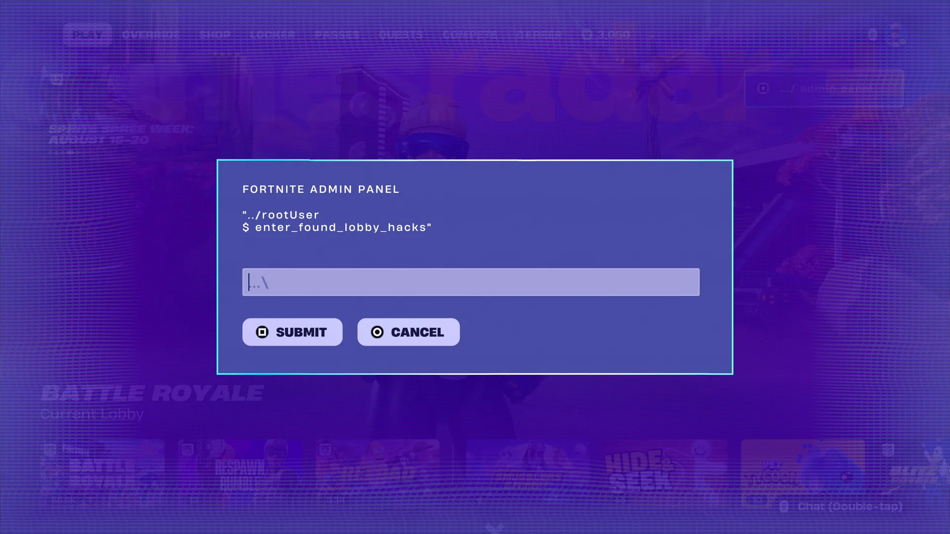 The Fortnite admin panel used to redeem Lobby Hack codes