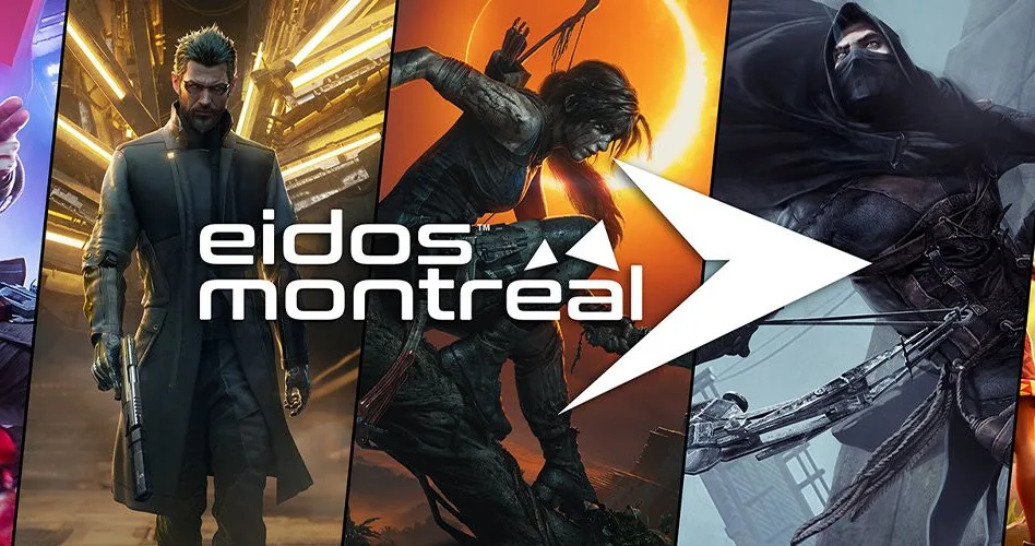 Eidos Montreal logo with characters from Deus Ex, Tomb Raider, and Thief.