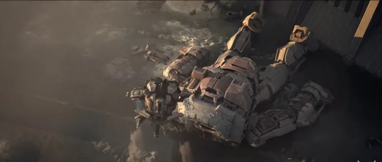 A robot head flies over a robot