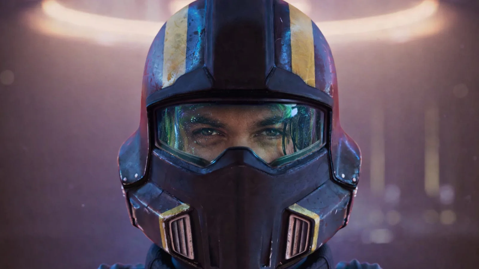 Helldivers soldier in helmet, eyes visible through visor.